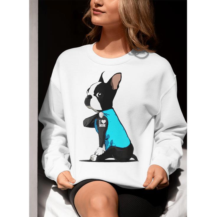 Boston Terrier Tattoos I Love Mom Women Crewneck Sweatshirt, Boston Terrier Mom Sweatshirts, funny gift