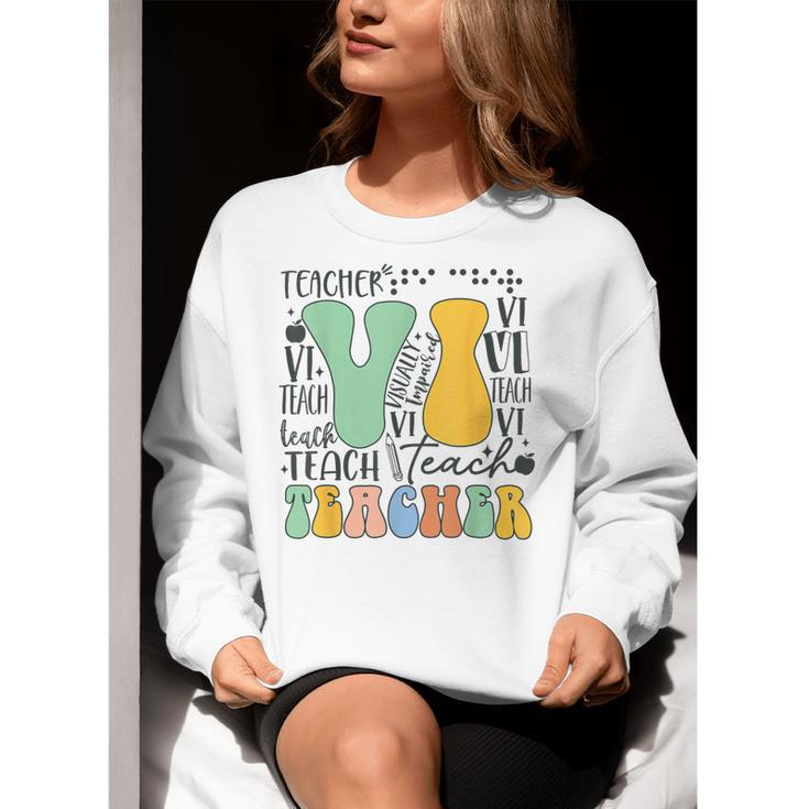 Braille Teacher Of The Visually Impaired Groovy VI Teacher Women Crewneck Sweatshirt, Groovy Teacher Sweatshirts, funny gift