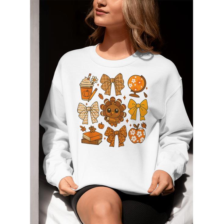 Coquette Teach Teacher Bows Thanksgiving Turkey Fall Autumn Women Crewneck Sweatshirt, funny gift