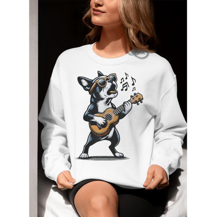 Dog Playing Guitar Singing Boston Terrier For Men Women Girls Kids Women Crewneck Sweatshirt, funny gift