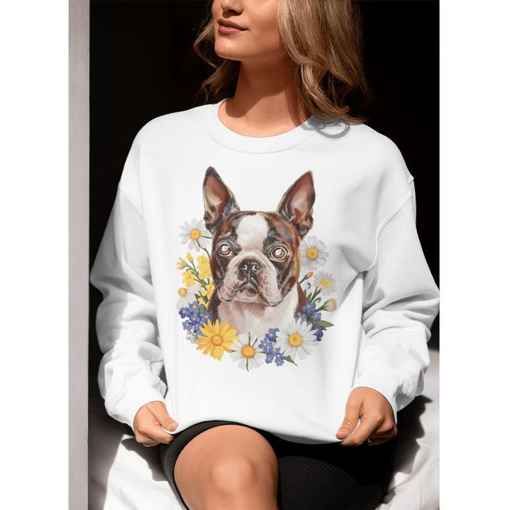 Floral Boston Terrier Women Crewneck Sweatshirt, funny gift