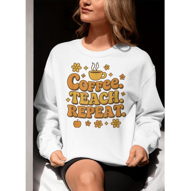 Groovy Coffee Teach Repeat Retro Teacher Women Crewneck Sweatshirt, Groovy Teacher Sweatshirts, funny gift
