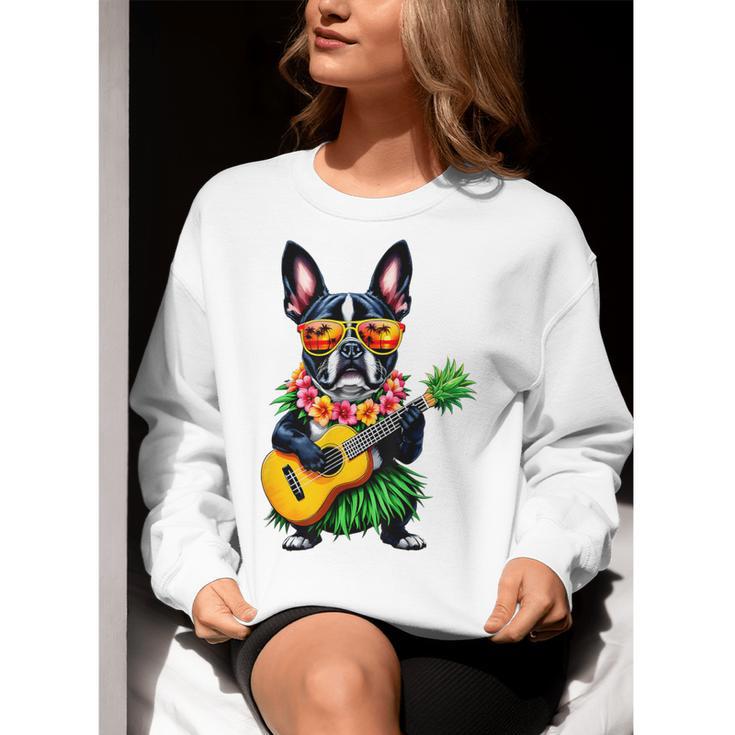 Hawaiian Boston Terrier & Pineapple Ukulele Summer Vacation Women Crewneck Sweatshirt, funny gift
