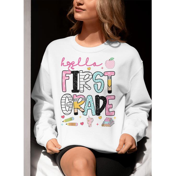 Hello First Grade Teacher Coquette Pencil Bow Back To School Women Crewneck Sweatshirt, First Grade Teacher Sweatshirts, funny gift Hello First Grade Teacher Coquette Pencil Bow Back To School Women Crewneck Sweatshirt, First Grade Teacher Sweatshirts, funny gift