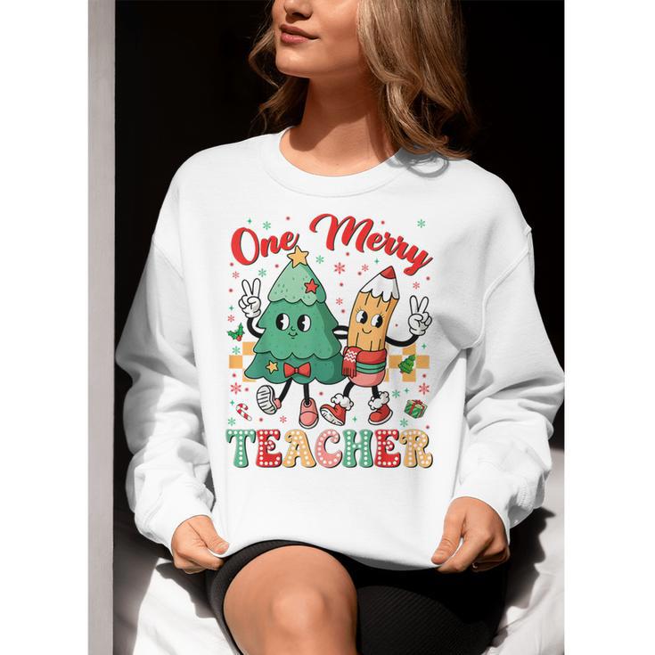 One Merry Teacher Groovy Christmas Tree Pjs Xmas Teacher Women Crewneck Sweatshirt, Groovy Teacher Sweatshirts, funny gift One Merry Teacher Groovy Christmas Tree Pjs Xmas Teacher Women Crewneck Sweatshirt, Groovy Teacher Sweatshirts, funny gift