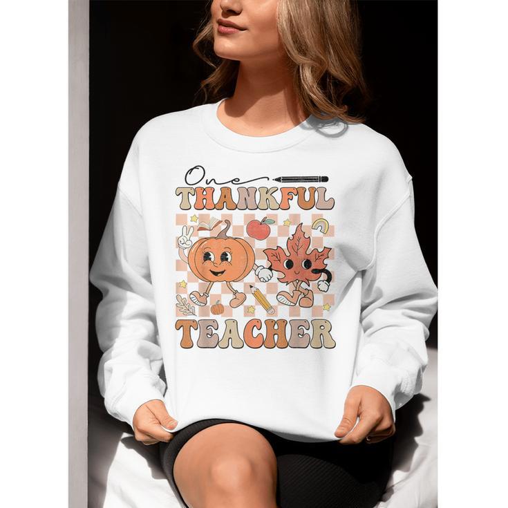 One Thankful Teacher Thanksgiving Groovy Fall Autumn Teacher Women Crewneck Sweatshirt, Groovy Teacher Sweatshirts, funny gift