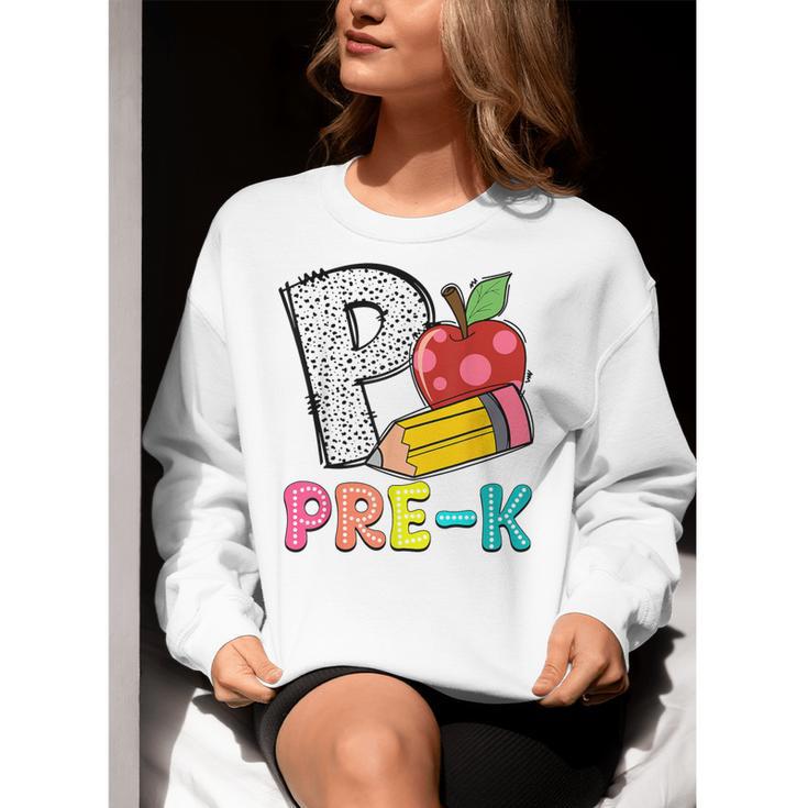 P Is For Pre-K Teacher Pencil Apple Back To School Women Crewneck Sweatshirt, funny gift P Is For Pre-K Teacher Pencil Apple Back To School Women Crewneck Sweatshirt, funny gift