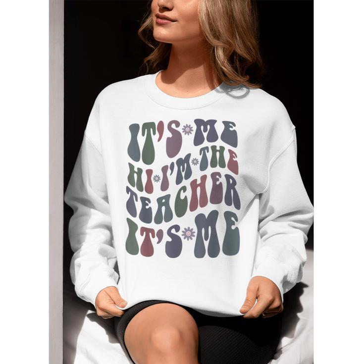 Retro IT'S ME Hi I'm The TEACHER Groovy Testing Squad Pink Women Crewneck Sweatshirt, Groovy Teacher Sweatshirts, funny gift