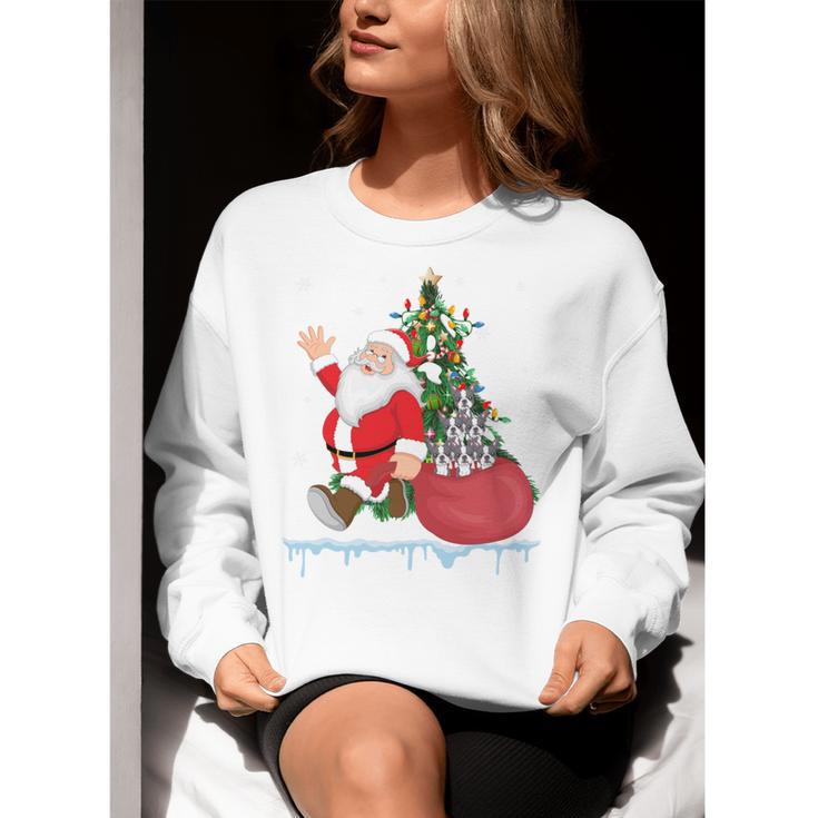 Santa Ugly Christmas Tree Lights Boston Terrier Dog Lover Women Crewneck Sweatshirt, Boston Terrier Christmas Sweatshirts, funny gift