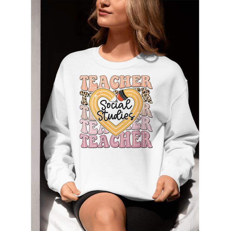 Social Studies Teacher Pencil Heart Leopard Back To School Women Crewneck Sweatshirt, funny gift