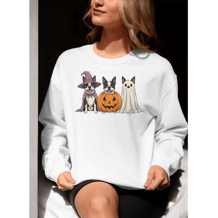 Spooky Ghost Boston Terrier Pumpkin Halloween Dog Lover Women Crewneck Sweatshirt, Boston Terrier Ghost Sweatshirts, Boston Terrier Halloween Sweatshirts, funny gift