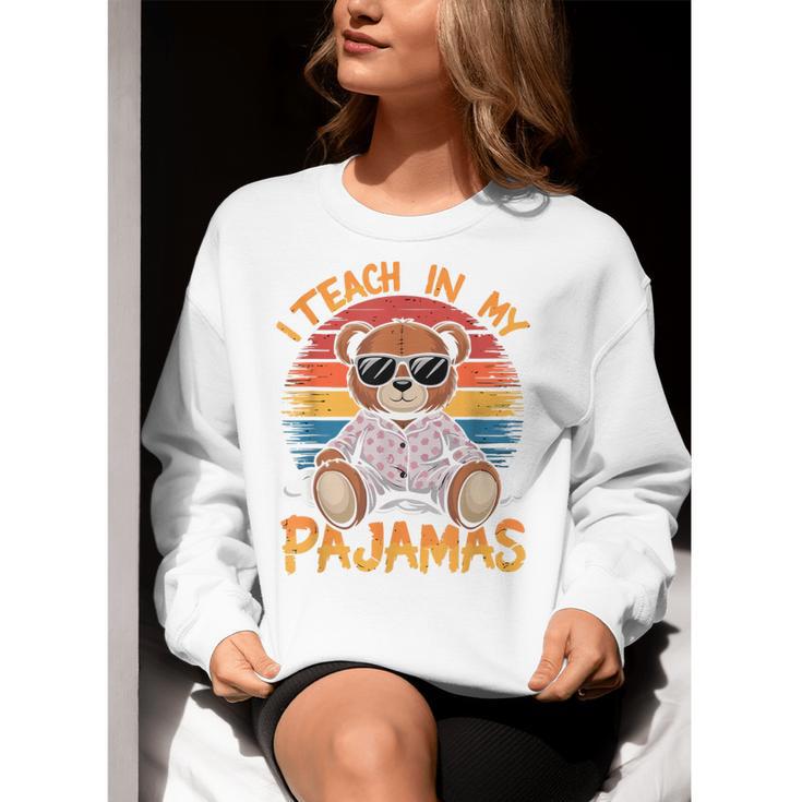 I Teach In My Pajamas Teacher Sunset Bear Retro Women Crewneck Sweatshirt, funny gift