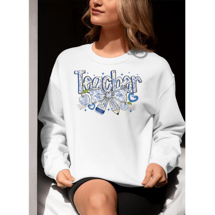Teacher Blue Chinoiserie Coquette Bow Heart Teacher Life Women Crewneck Sweatshirt, funny gift Teacher Blue Chinoiserie Coquette Bow Heart Teacher Life Women Crewneck Sweatshirt, funny gift
