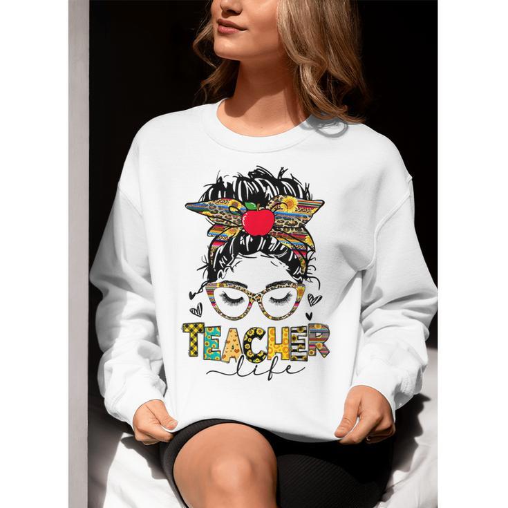 Teacher Life Messy Bun Glasses Leopard Sunflower Women Crewneck Sweatshirt, funny gift Teacher Life Messy Bun Glasses Leopard Sunflower Women Crewneck Sweatshirt, funny gift
