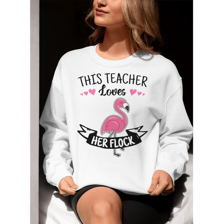 This Teacher Loves Her Flock Cute Flamingo Teacher Women Crewneck Sweatshirt, funny gift