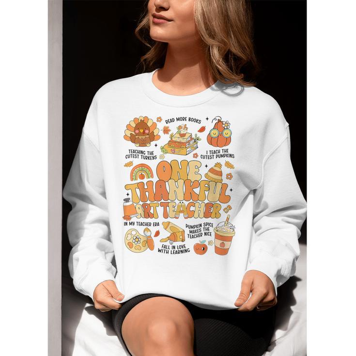 Thanksgiving One Thankful Art Teacher Fall Groovy Men Women Women Crewneck Sweatshirt, Groovy Teacher Sweatshirts, funny gift