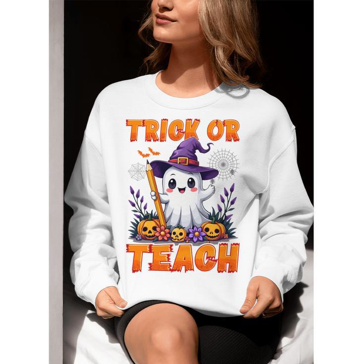 Trick Or Teach Teacher Halloween Ghost Pencil Floral Women Crewneck Sweatshirt, funny gift