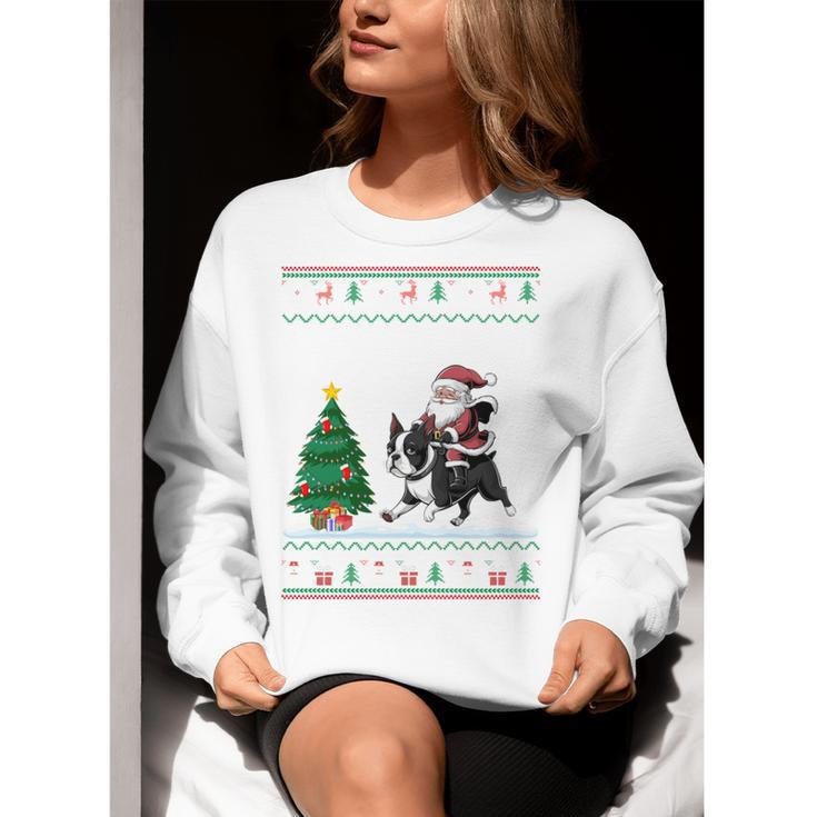 Ugly Christmas Tree Lights Xmas Santa Riding Boston Terrier Women Crewneck Sweatshirt, Boston Terrier Riding Sweatshirts, Boston Terrier Christmas Sweatshirts, funny gift