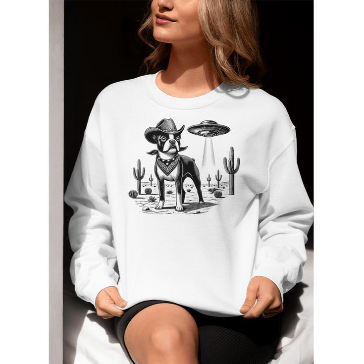 Vintage Boston Terrier UFO Western Wild West Dog Mom Dad Women Crewneck Sweatshirt, Boston Terrier Mom Sweatshirts, Boston Terrier Dad Sweatshirts, funny gift