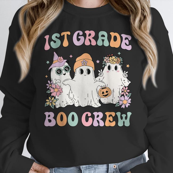 1st Grade Boo Crew Groovy Halloween Floral Ghost Kid Teacher Women Crewneck Sweatshirt, Groovy Teacher Gifts, funny design 1st Grade Boo Crew Groovy Halloween Floral Ghost Kid Teacher Women Crewneck Sweatshirt, Groovy Teacher Gifts, funny design