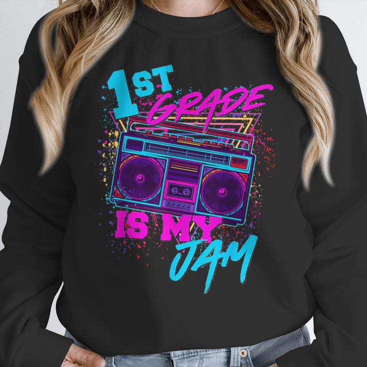 1st Grade Is My Jam Vintage 80s 80's Teacher Student Retro Women Crewneck Sweatshirt, funny design