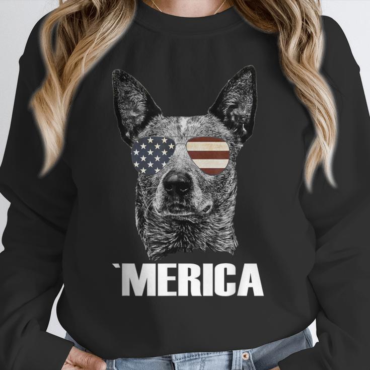 4th July Blue Heeler Dog Merica Patriotic USA Flag Cute Women Crewneck Sweatshirt, funny design