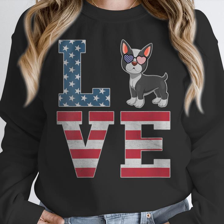 4th Of July Decor Patriotic LOVE Boston Terrier USA Flag Women Crewneck Sweatshirt, Patriotic Boston Terrier Gifts, Boston Terrier 4th Of July Gifts, funny design