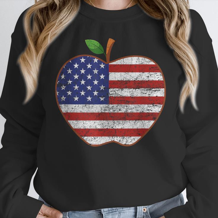 American Flag Teachers Students Apple 4th Of July Vintage Women Crewneck Sweatshirt, funny design