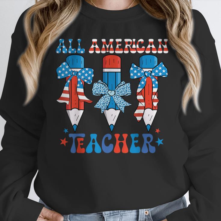 All American Teacher Pencil Coquette Bow USA Flag Teachers Women Crewneck Sweatshirt, funny design All American Teacher Pencil Coquette Bow USA Flag Teachers Women Crewneck Sweatshirt, funny design