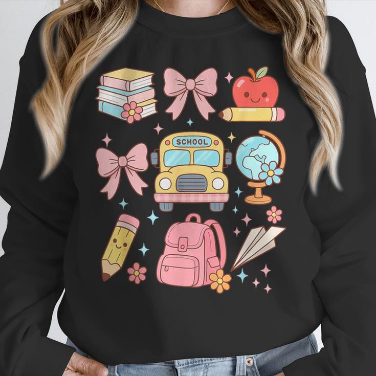 Back To School Coquette Teacher Women Girl Kindergarten PreK Women Crewneck Sweatshirt, funny design Back To School Coquette Teacher Women Girl Kindergarten PreK Women Crewneck Sweatshirt, funny design