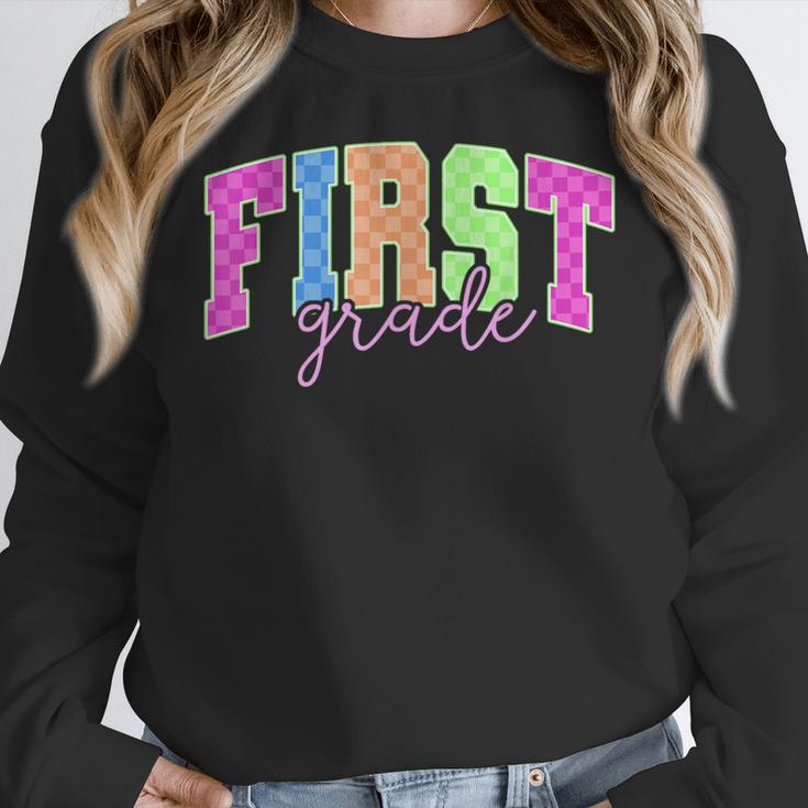 Back To School Neon Checkered First Grade Colorful Teacher Women Crewneck Sweatshirt, First Grade Teacher Gifts, funny design Back To School Neon Checkered First Grade Colorful Teacher Women Crewneck Sweatshirt, First Grade Teacher Gifts, funny design