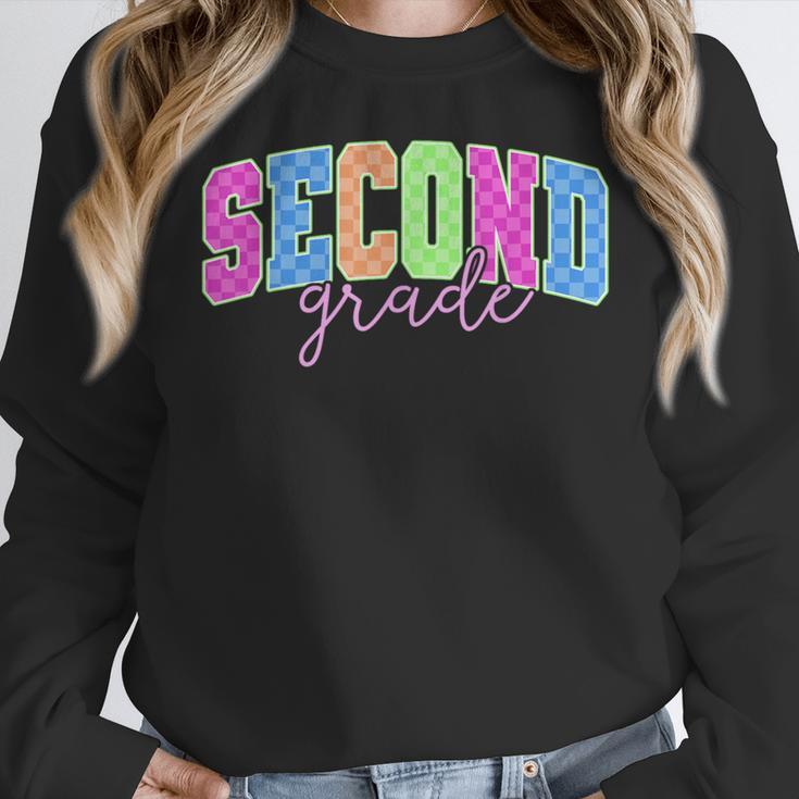 Back To School Neon Checkered Second Grade Colorful Teacher Women Crewneck Sweatshirt, funny design Back To School Neon Checkered Second Grade Colorful Teacher Women Crewneck Sweatshirt, funny design
