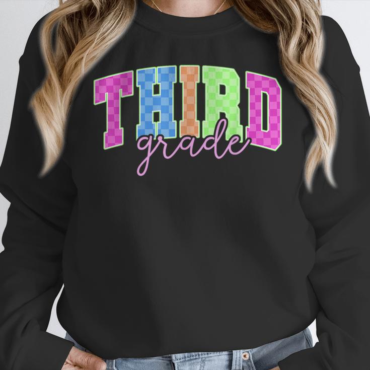 Back To School Neon Checkered Third Grade Colorful Teacher Women Crewneck Sweatshirt, funny design