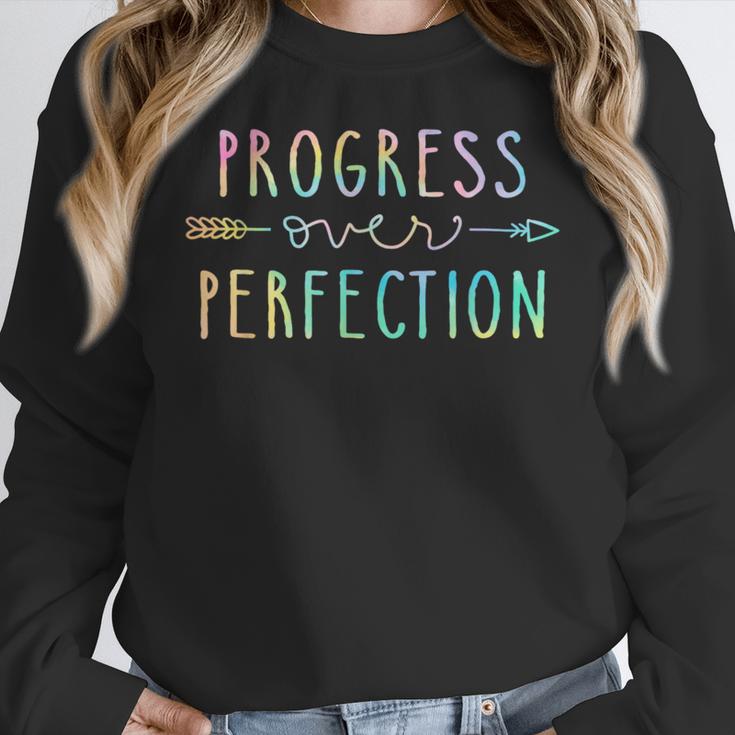 Back To School Progress Over Perfection Motivational Teacher Women Crewneck Sweatshirt, funny design