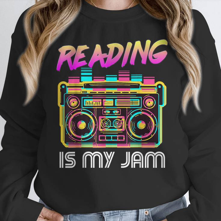 Back To School Retro Reading Is My Jam 80s Teacher Boombox Women Crewneck Sweatshirt, funny design