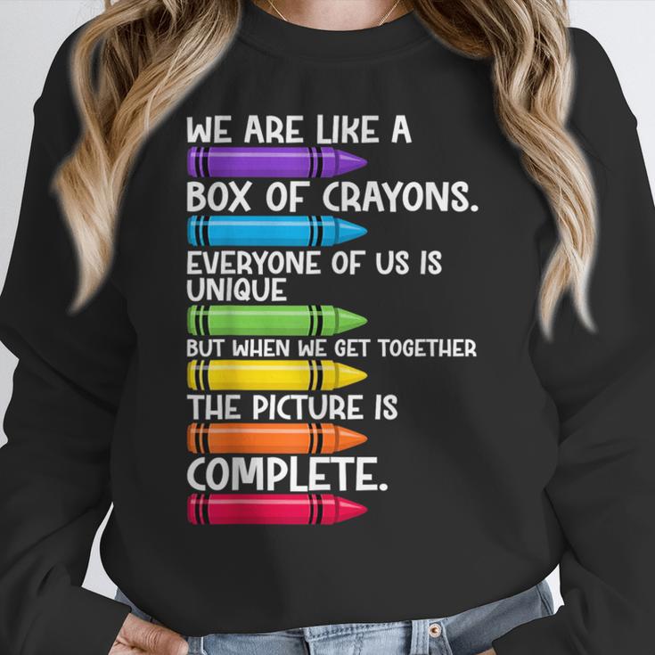 Back To School Teacher We Are Like A Box Of Crayons Women Crewneck Sweatshirt, funny design