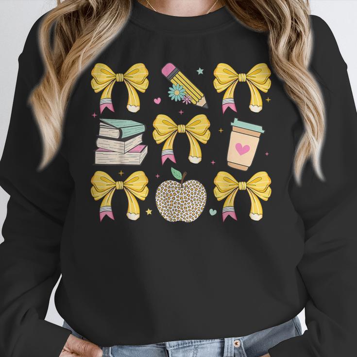 Back To School Yellow Bows Book Coffee Leopard Apple Teacher Women Crewneck Sweatshirt, funny design Back To School Yellow Bows Book Coffee Leopard Apple Teacher Women Crewneck Sweatshirt, funny design