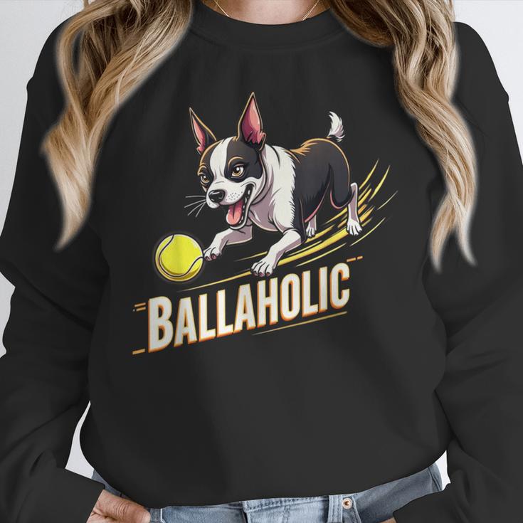 Ballaholic Boston Terrier Dog Chasing Bostie Ball Women Crewneck Sweatshirt, funny design
