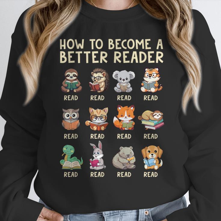 How To Become A Better Reader Animals Reading Teacher Women Crewneck Sweatshirt, funny design How To Become A Better Reader Animals Reading Teacher Women Crewneck Sweatshirt, funny design