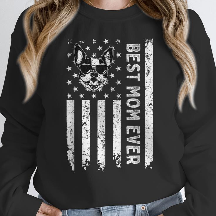 Best Boston Terrier Dog Mom Ever USA Flag For Men Women Kids Women Crewneck Sweatshirt, Mom Gifts, Boston Terrier Mom Gifts, funny design