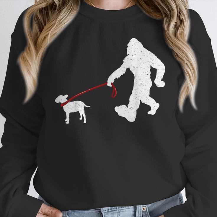 Bigfoot Walking With Bull Terrier Dog Women Crewneck Sweatshirt, funny design