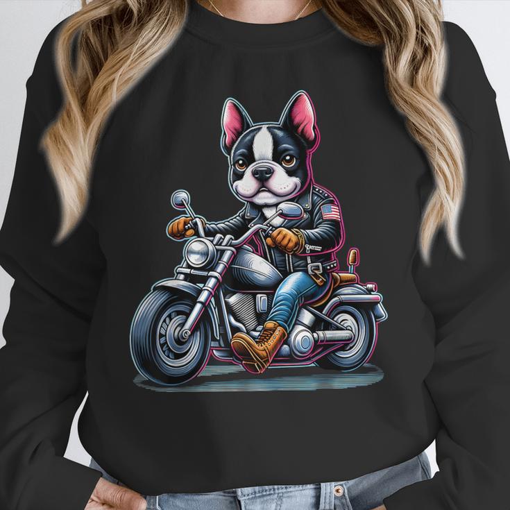 Biker Boston Terrier Dog Riding Motorbike Women Crewneck Sweatshirt, Boston Terrier Riding Gifts, funny design