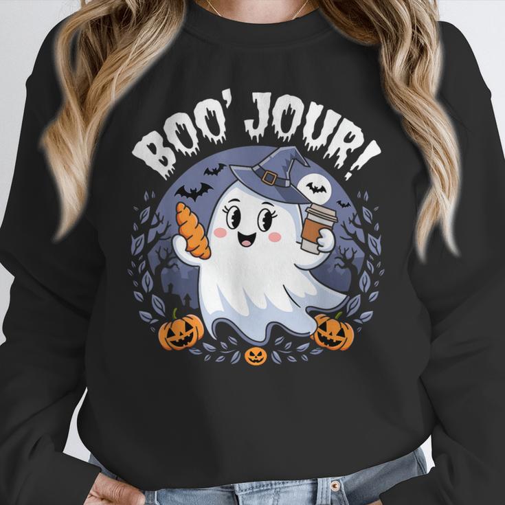 Boo Jour Ghost Halloween French Teacher Cute Coffe Croissant Women Crewneck Sweatshirt, funny design