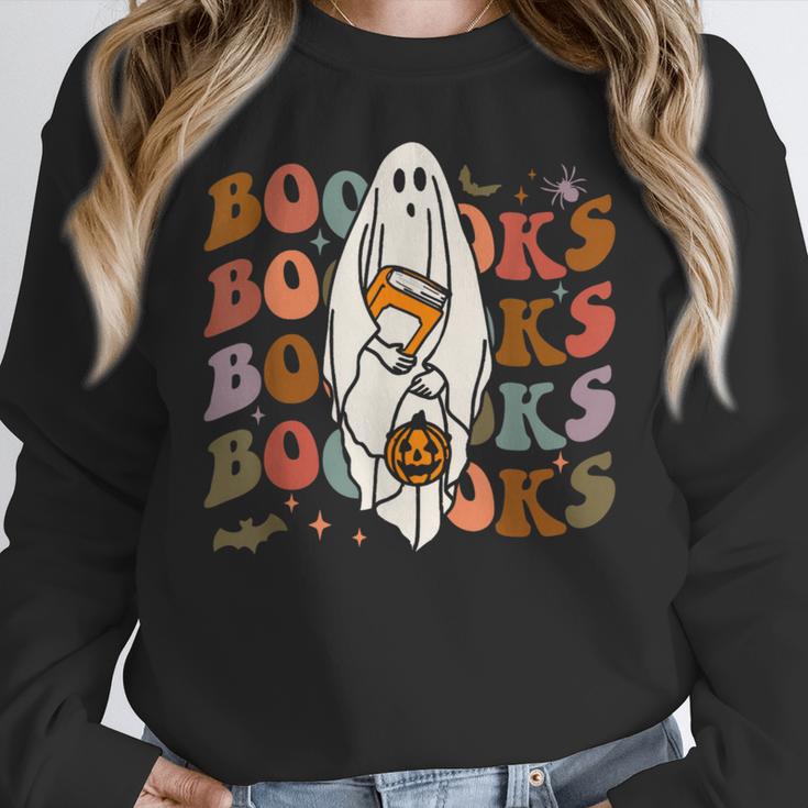 Booooks Ghost Halloween Groovy Vintage Teacher Book Reading Women Crewneck Sweatshirt, Groovy Teacher Gifts, funny design Booooks Ghost Halloween Groovy Vintage Teacher Book Reading Women Crewneck Sweatshirt, Groovy Teacher Gifts, funny design