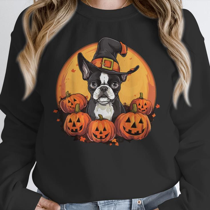 Boston Terrier Bostie Dog Breed Pet Halloween Pumpkins Women Crewneck Sweatshirt, Boston Terrier Halloween Gifts, funny design