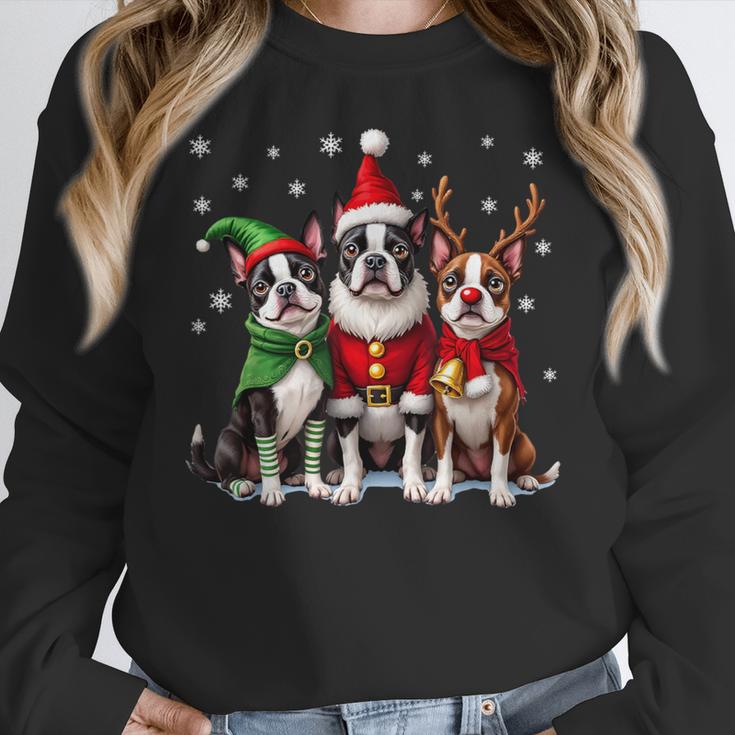 Boston Terrier Christmas Dogs Santa Reindeer Elf Women Crewneck Sweatshirt, Boston Terrier Christmas Gifts, funny design