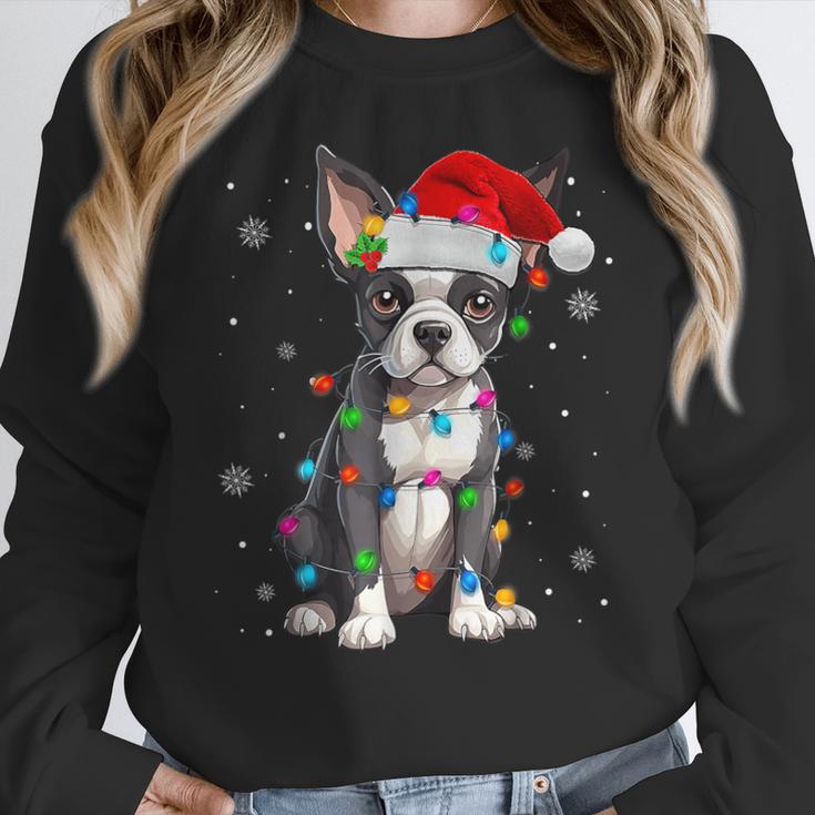 Boston Terrier Christmas Santa Hat Tree Lights Pajama Women Crewneck Sweatshirt, Boston Terrier Christmas Gifts, funny design