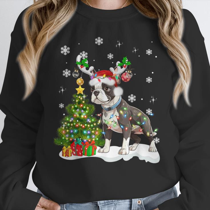 Boston Terrier Christmas Tree Lights Santa Hat Women Crewneck Sweatshirt, Boston Terrier Christmas Gifts, funny design