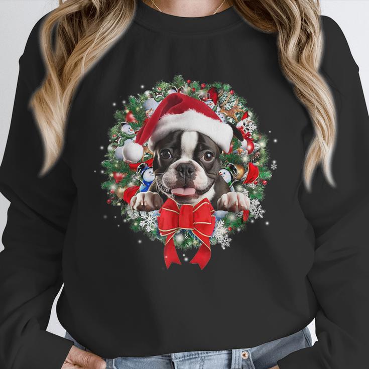 Boston Terrier Christmas Wreath Decoration Xmas Pajamas Women Crewneck Sweatshirt, Boston Terrier Christmas Gifts, funny design