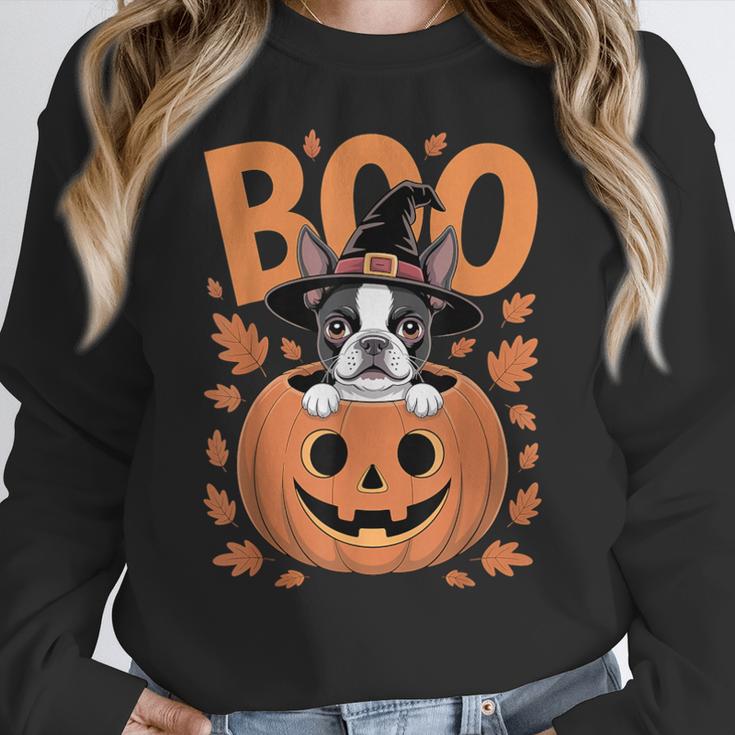 Boston Terrier Costume On Pumpkin Halloween Boston Terrier Women Crewneck Sweatshirt, Boston Terrier Halloween Gifts, funny design
